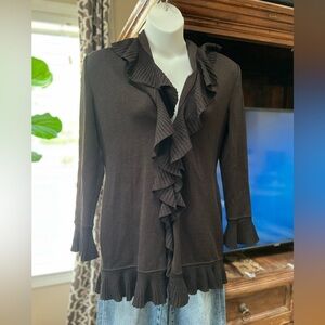 ST. JOHN Ruffled Brown Sweater Size 8 Wool Blend EUC! Fall and Winter Designer